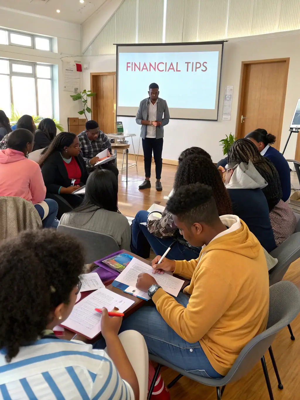 A diverse group of UK residents attending a financial planning seminar, actively participating and taking notes, with a focus on long-term financial security.