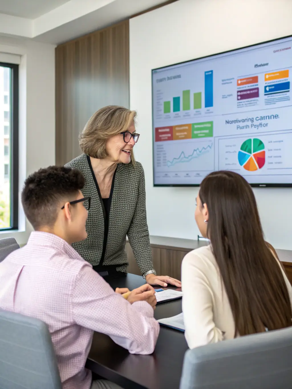 A professional financial advisor is presenting a savings plan to a young couple in their home office. The plan includes charts and graphs illustrating potential growth and investment strategies.