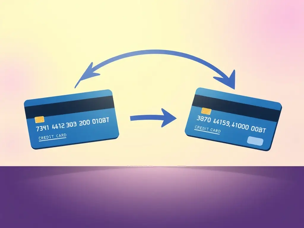 A visual representation of a balance transfer, showing credit cards being consolidated into one with a lower interest rate. The image should convey simplicity and savings.