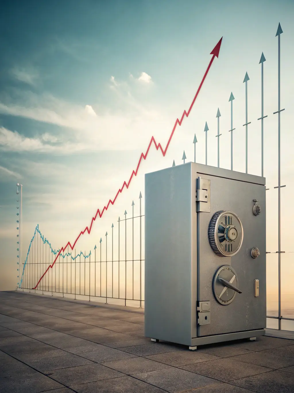 A modern, minimalist graphic illustrating the concept of financial growth, with upward-trending lines, coins stacking up, and a house representing long-term investment.